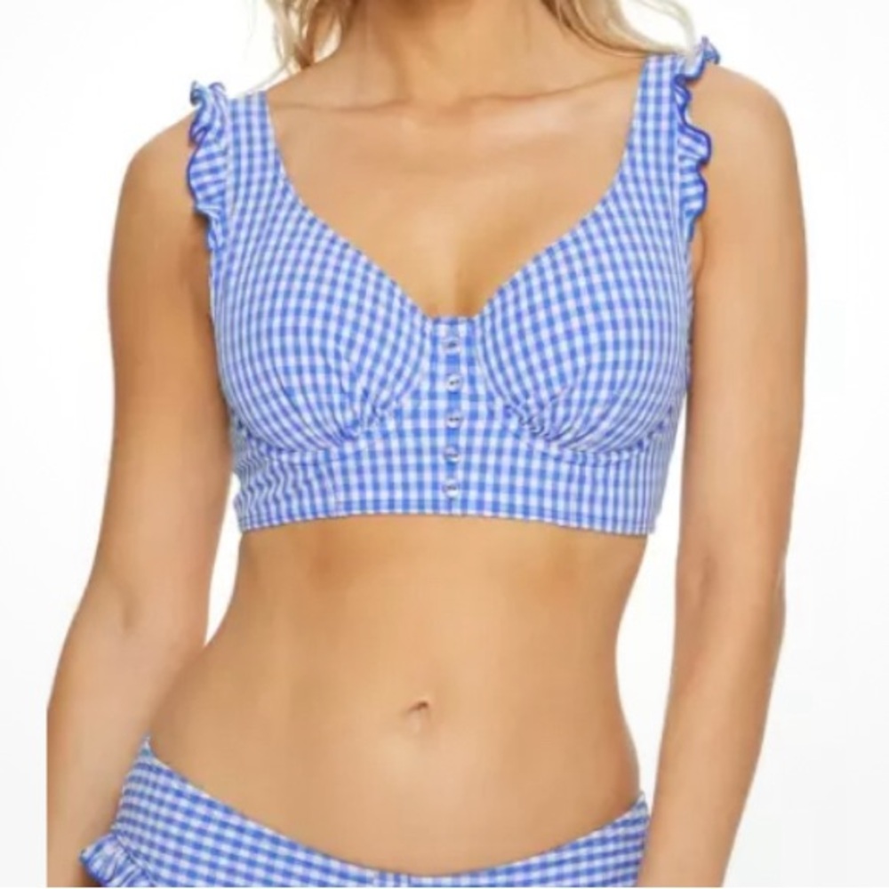 POUR MOI Ocean/White Sicily Longline Frill Bikini Swim Top, US 32G, UK 32F, NWOT
